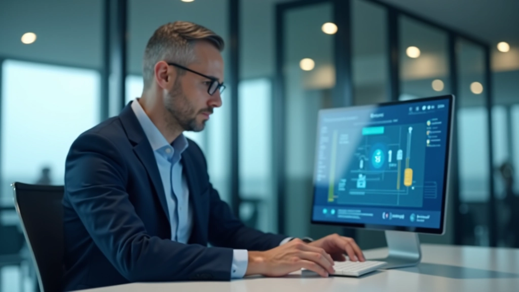 Banko vadybininkas tyrinėja blockchain sistemą kompiuteryje, šiuolaikiška biuro aplinka